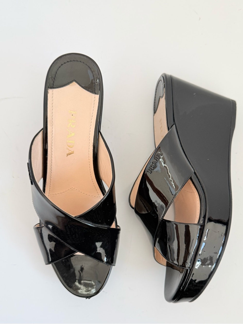 Prada 1XX166 Vernice Black Patent Crisscross Platform Wedge Sandals 37.5